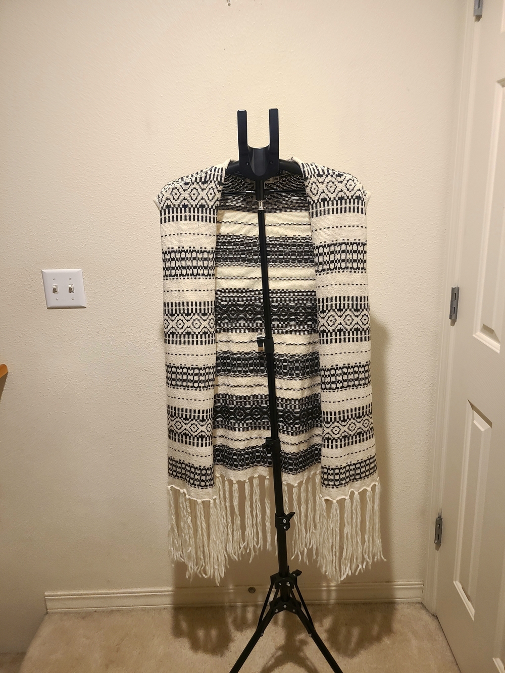 Women's Black & Cream Knit Fringe Cardigan